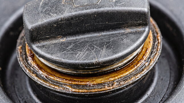 Close up macro view of a scratched black plastic automotive engine oil filler cap with dirty sludge residue