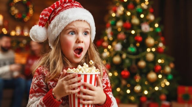 Surprised little girl in santa hat holding popcorn while watching movie at home during Christmas. Family holiday entertainment and festive cinema night concept