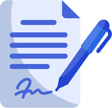 Vector illustration of a contract document signing icon with blue pen and signature for business agreement