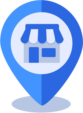 Blue Map Marker Pin Icon Featuring a Small Shop Building Graphic Symbol for Navigation and Local Business Location Services
