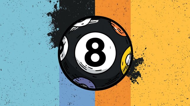 Hand Drawn Eight Billiard Ball Sports Element on a Split Distressed Retro Background with Grunge Textures and Vibrant Colors