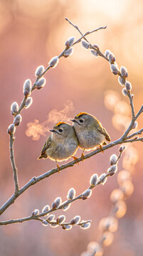 Goldcrest birds perching on willow branch in golden morning light.