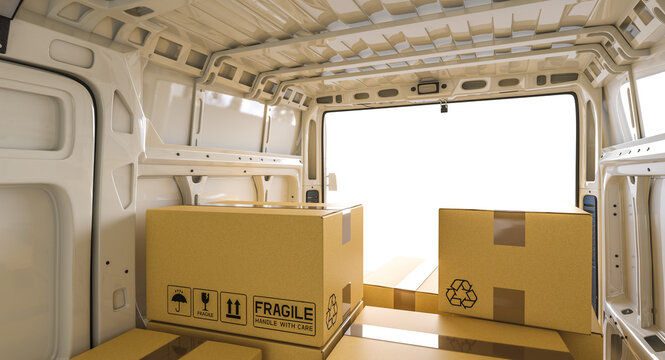 Delivery van interior with cardboard boxes 3d