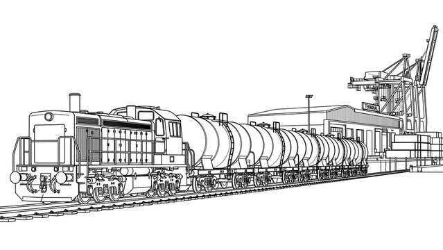 Freight train line art illustration white background.