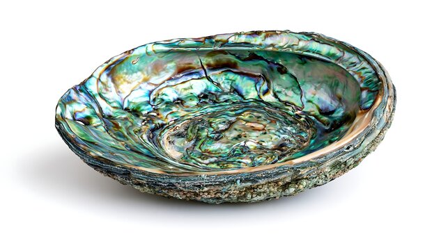 Iridescent abalone sea shell with colorful pearlescent inner surface and rough textured outer shell isolated on white background