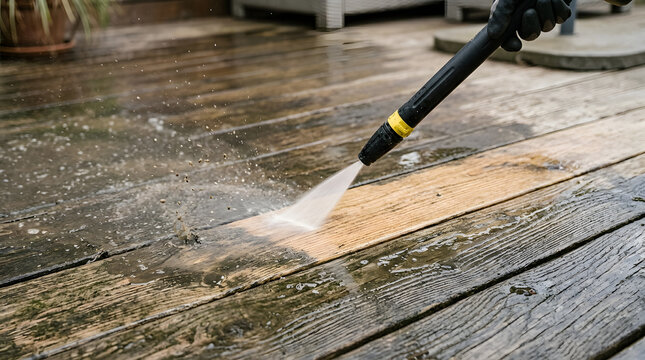 High Pressure Power Washing Dirty Wooden Decking Boards | Professional Patio Deck Cleaning and Restoration Service | Removing Dirt and Mold from Wood Planks with Pressure Washer