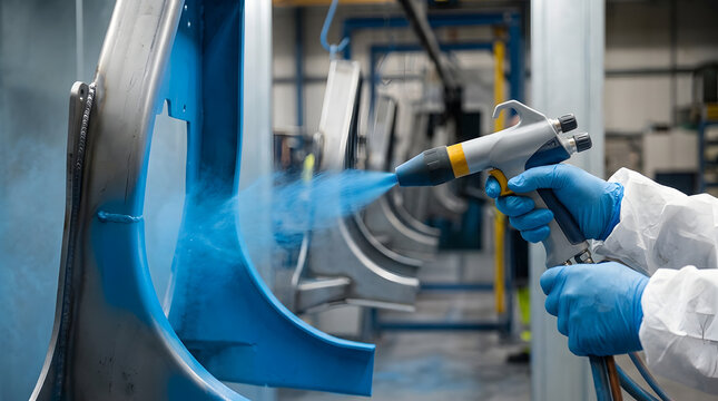 Professional Industrial Powder Coating Spray Paint Application | Technician Applying Blue Powder Coat to Metal Part | Industrial Electrostatic Spray Painting Process in Factory 