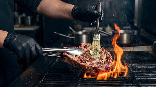Professional Chef Basting Gourmet Steak on Open Flame Grill | Restaurant Chef Cooking Ribeye Steak Over Barbecue Fire | Grilling Seasoned Beef Steak with Butter and Flames in Kitchen 