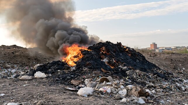 Large piles of trash and garbage burning in an open dump site with thick black smoke and bright flames, environmental pollution crisis