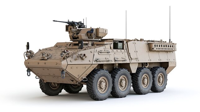 Modern military armored personnel carrier vehicle with heavy machine gun turret, 8x8 wheel drive tactical combat vehicle isolated on white background