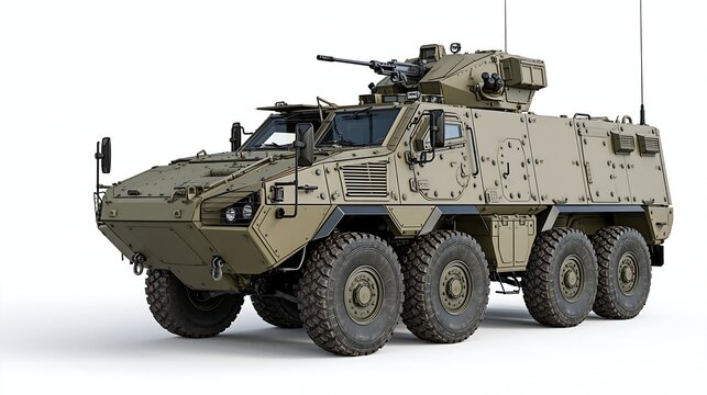 Modern military armored personnel carrier vehicle with heavy machine gun turret, 8x8 tactical combat vehicle isolated on white background