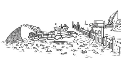 Fototapeta premium Industrial harbor scene with boats and cranes white background.