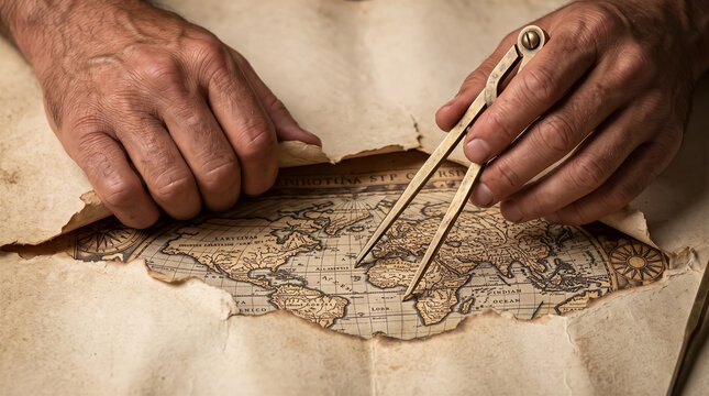 Hands holding compass on vintage world map. Exploration, navigation, travel planning, geography education.