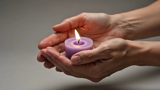 Gentle hands holding a burning purple tea light candle as a symbol of hope peace spirituality and mindfulness in a quiet setting