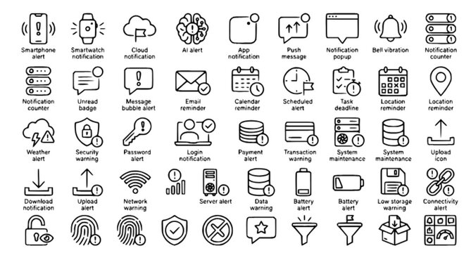 Smart Digital Notification System Thin Line Icons &ndash; Mobile Alert, App Reminder and Warning UI Vector Set