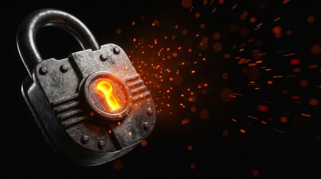 Padlock with glowing keyhole and flying sparks on dark background, representing security, mystery, and access concept.