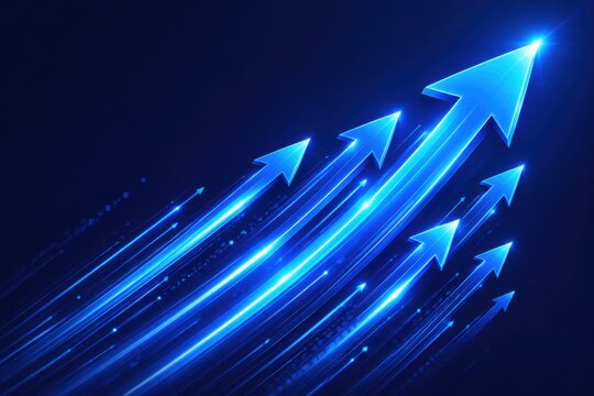 Bright blue glowing arrows moving up representing growth and success
