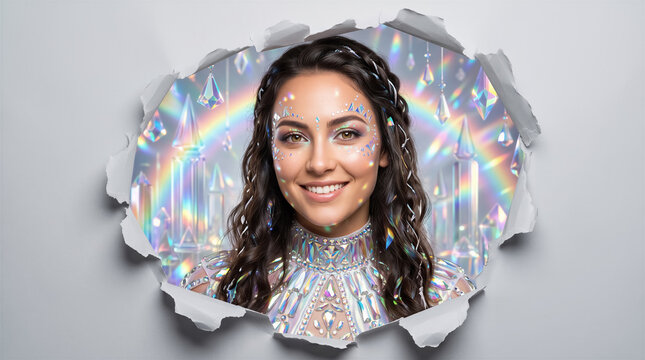Woman with glitter makeup smiling through torn paper revealing rainbow and crystals. Fantasy, magic, entertainment, advertising.