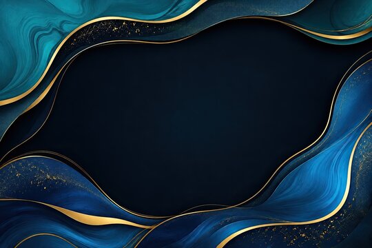 Abstract blue liquid marble background with gold glitter and waves