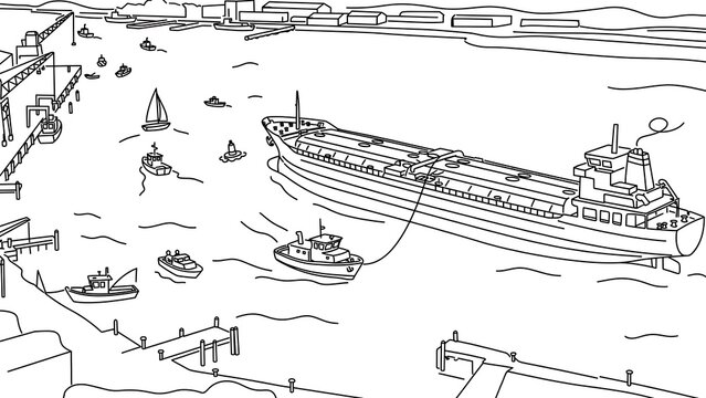 Harbor scene with ships and tugboats white background.