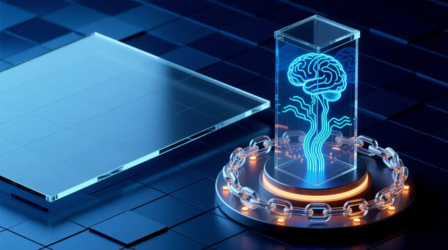An isometric 3D rendering of glowing holographic brain inside glass security tower on platform representing intellectual property innovation protection