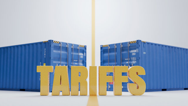 Global trade war concept with blue cargo shipping containers separated by a yellow line and golden TARIFFS text. Concept image of economic crisis, customs duty, import tax, international logistics.