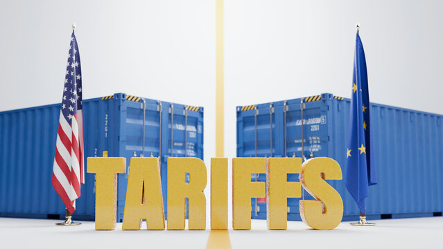US and EU trade war concept with flags, cargo shipping containers, and golden TARIFFS text. Creative image symbolizing transatlantic trade conflict, economic crisis, customs duty, and import taxes.