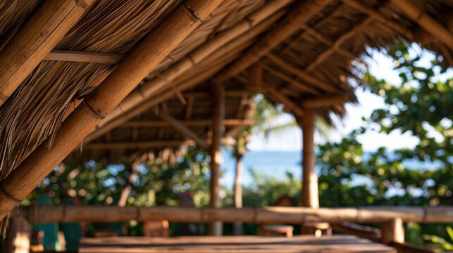 Bamboo and palm thatch roof structure overlooking tropical shoreline