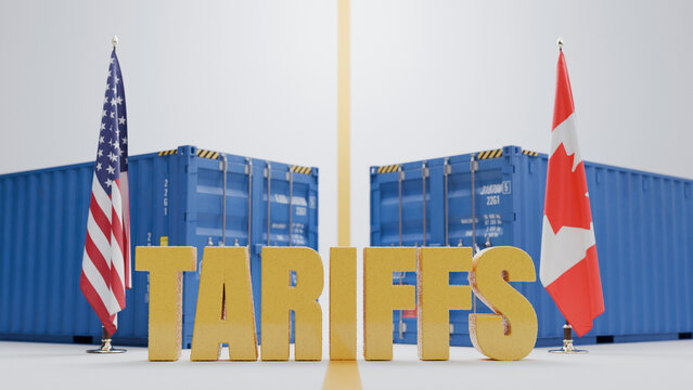 US and Canada trade war concept with flags, cargo shipping containers, and golden TARIFFS text. Concept symbolizing bilateral trade dispute, economic crisis, customs duty, and import taxes.