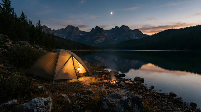A glowing camping tent and a small campfire by a tranquil alpine lake at night