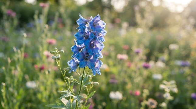 Vibrant blue delphinium larkspur flower blooming in a sunny wildflower meadow during sunset with warm bokeh background.