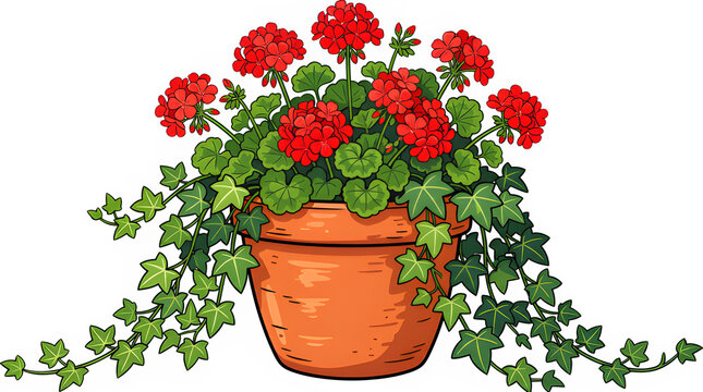 Vector Illustration of a Terracotta Flowerpot Overflowing with Bright Red Geraniums and Trailing Green Ivy Vines, Isolated on White Background, Bold Flat Color Graphic for Gardening and Decor