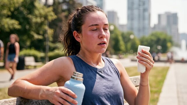 Sweating young woman sitting on a park bench wiping her forehead. Exhausted female resting and holding a water bottle during an intense summer heatwave