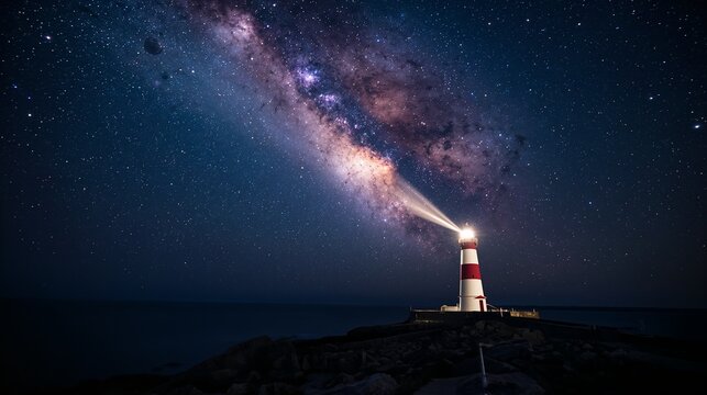 AI Generative. Coastal Lighthouse Beaming Light Under Milky Way Galaxy and Starry Night Sky. 3