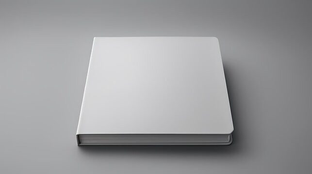 Blank white hardcover book template on solid neutral gray background.