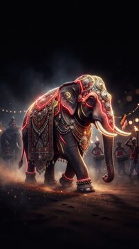 Majestic Decorated Elephant in a Traditional Nighttime Festival Procession