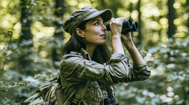 Hobbyist using binoculars for bird watching in a lush forest