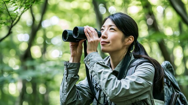 Hobbyist using binoculars for bird watching in a lush forest