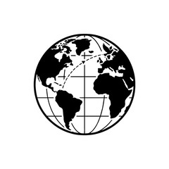 Obraz premium Black and white globe icon with flight path vector illustration