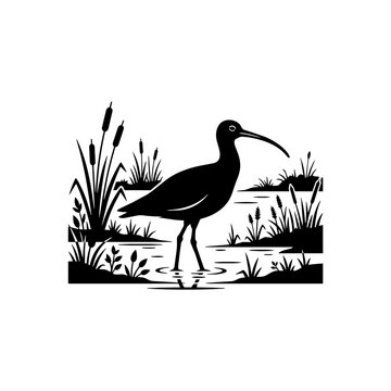 Black and white ibis bird silhouette in wetland vector illustration