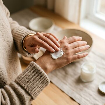 Person wearing beige knit sweater rubbing white moisturizing cream onto hand in cozy indoor lighting.