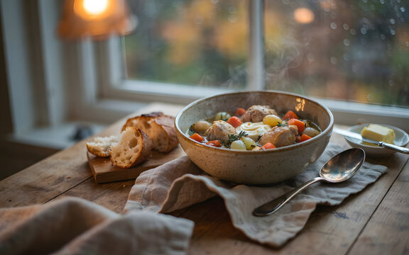 Fresh hot vegetable soup stew bowl by window