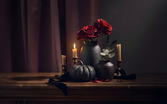Moody autumn still life with black vase and pumpkin