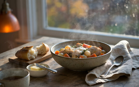 Fresh hot vegetable soup stew bowl by window