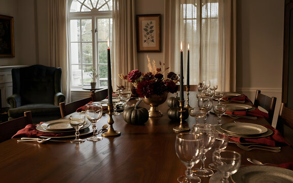  Elegant formal dinner table setting near window