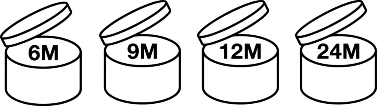 Set of black and white vector PAO cosmetic shelf life icons with 6m, 9m, 12m, and 24m labels.
