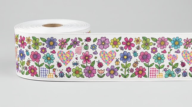 Repeating quilting border composition featuring adorable whimsical blossoms and tiny beetles ornamental continuous layout with checked elements for juvenile textiles vibrant heart mosaic print for