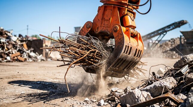 Industrial grapple moving scrap metal rebar in construction demolition yard for recycling and waste management.
