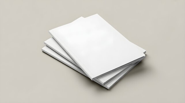 A stack of three blank white softcover magazines or brochures lying on a neutral beige background, clean mockup for editorial design