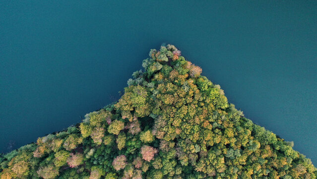 Aerial view of the triangular forested peninsula of Liepnitzsee with dense autumn foliage surrounded by deep blue lake waters in Brandenburg, Germany.